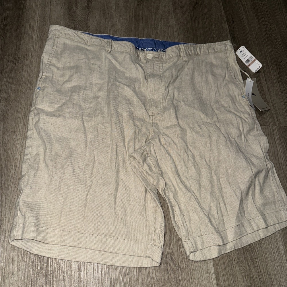 NEW Tommy Bahama Men's 43 Stone Khaki Beach Coast Linen FF Shorts 10" Inseam